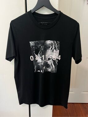 All Saints Black Graphic Tee with Monochrome Botanical Print